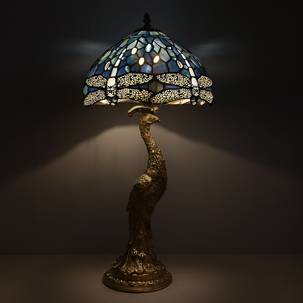 Tiffany Table Lamp - Peacock Dragonfly 12"