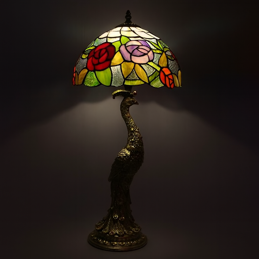 Tiffany Table Lamp - Rose Garden Peacock 12"