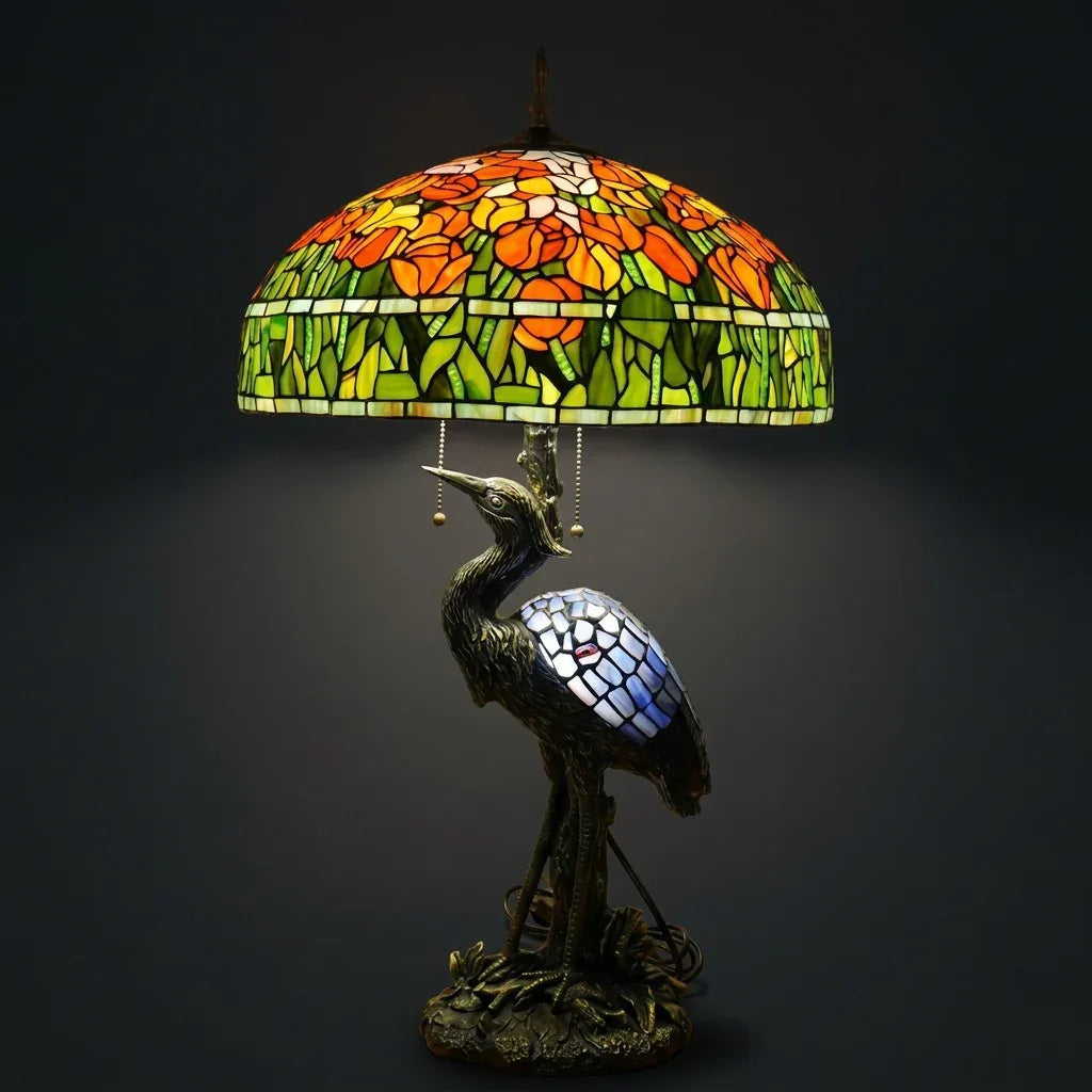 Tiffany Table Lamp - Amber Meadow Heron 20"