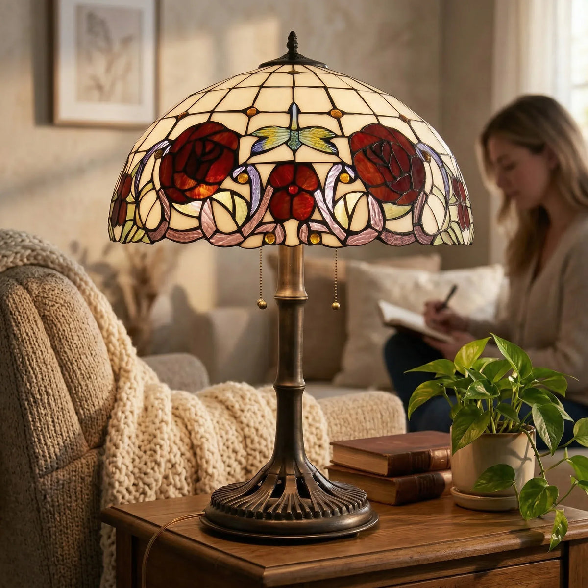 Tiffany Table Lamp - Rose & Dragonfly Trellis 20"