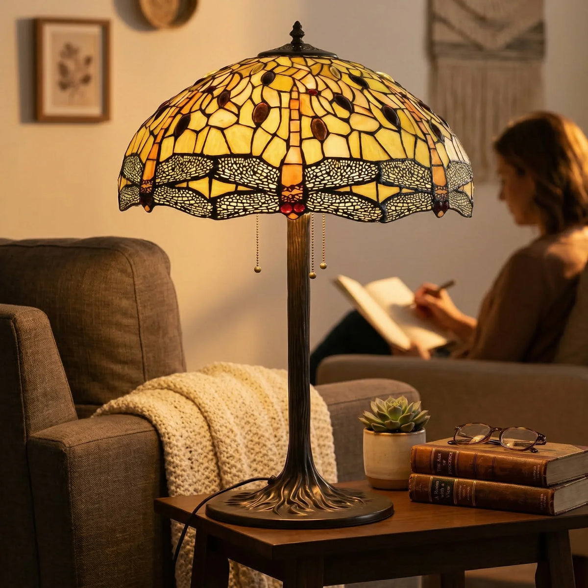 Tiffany Table Lamp - Amber Dragonfly Canopy 20"