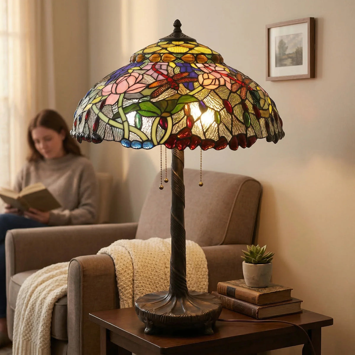 Tiffany Table Lamp - Rose Dragonfly Garden 20"