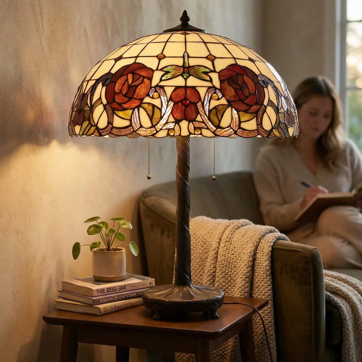 Tiffany Table Lamp - Amber Rose Dragonfly 20"