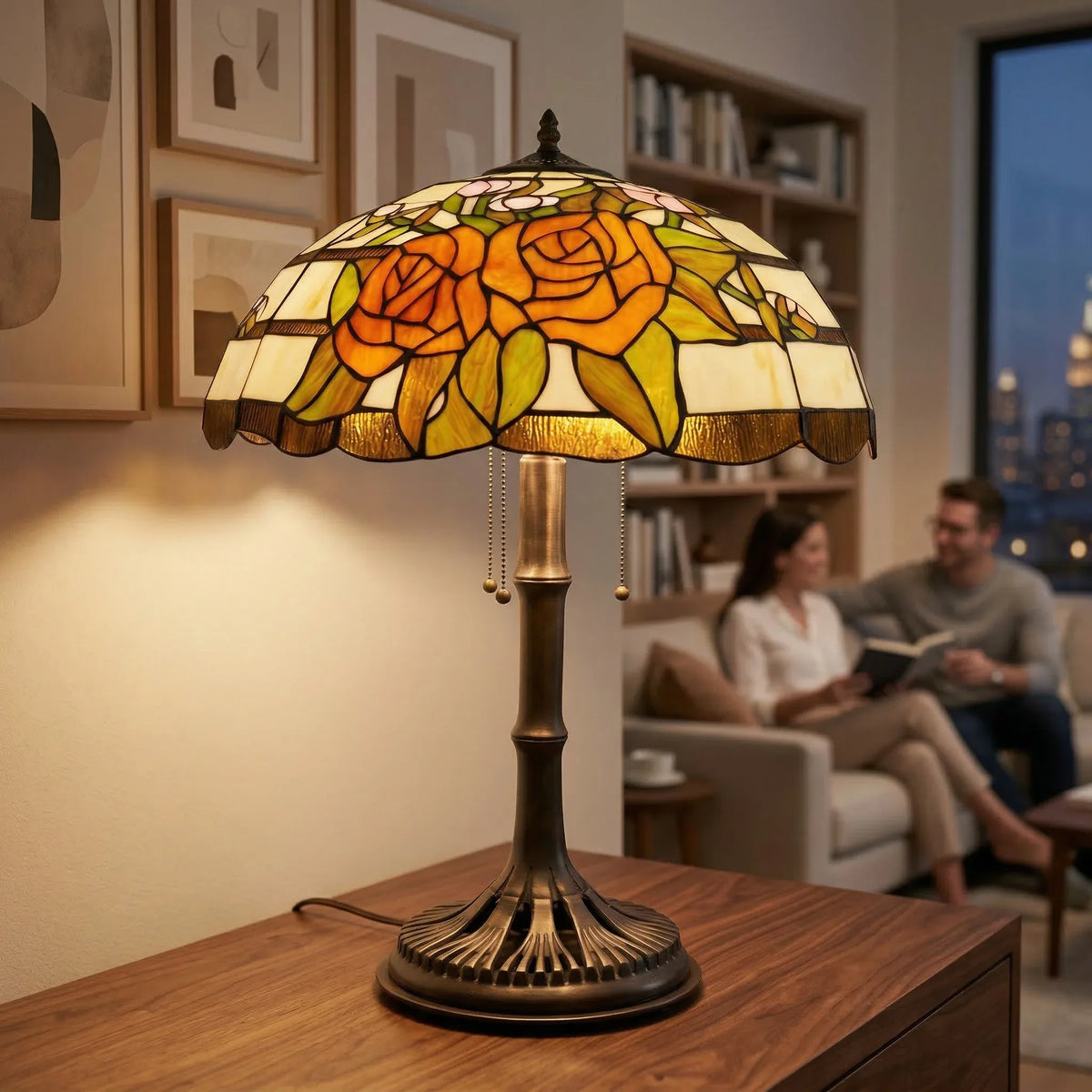 Tiffany Table Lamp - Amber Rose Garden 20"