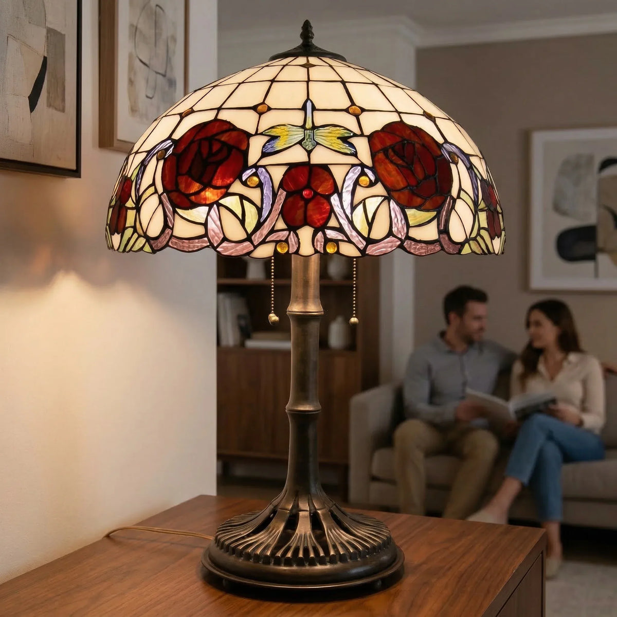 Tiffany Table Lamp - Rose & Dragonfly Trellis 20"
