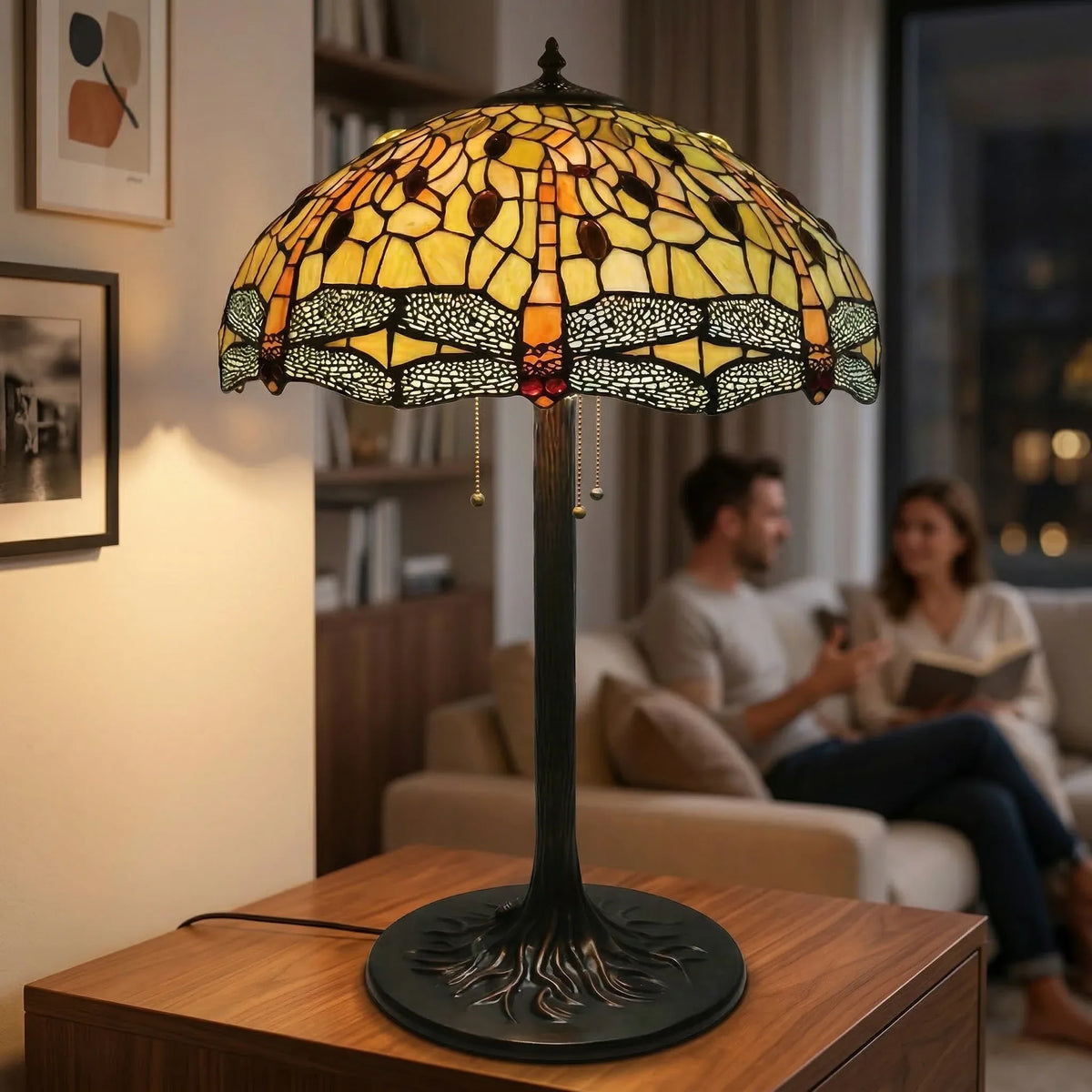 Tiffany Table Lamp - Amber Dragonfly Canopy 20"