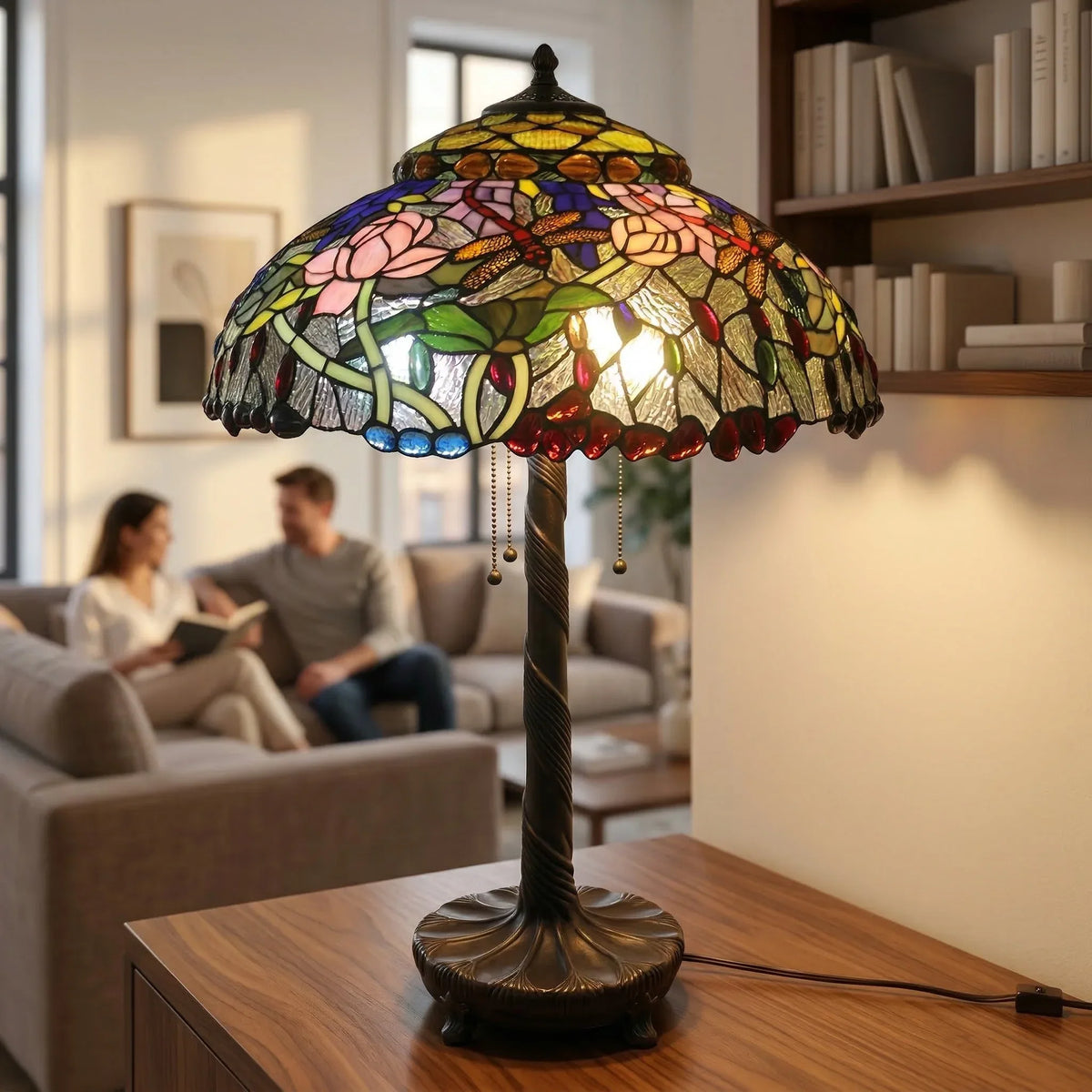 Tiffany Table Lamp - Rose Dragonfly Garden 20"