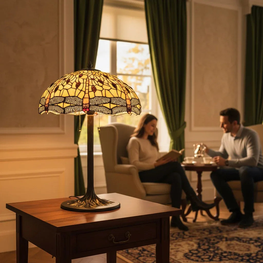 Tiffany Table Lamp - Amber Dragonfly Canopy 20"