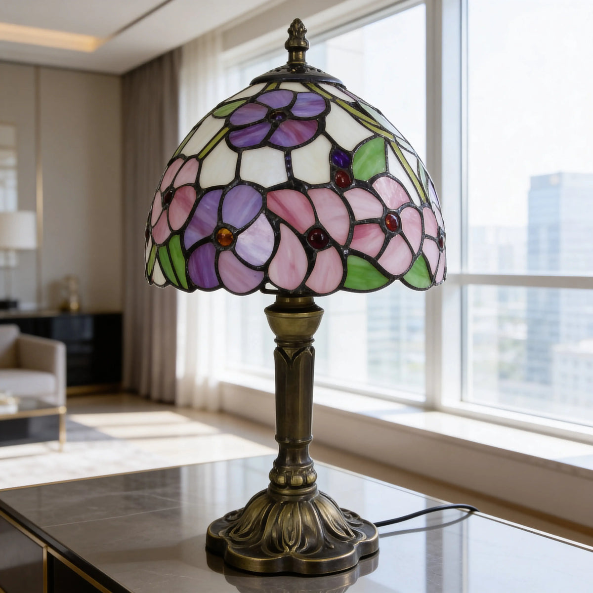 Tiffany Table Lamp - Flowers & Leaves 8" My Store